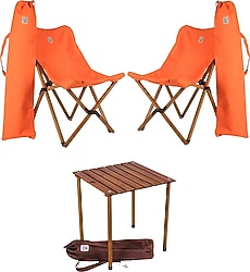 Bag The Joy 50x50 cm 2 Kişilik Turuncu Ahşap Kamp Masa Sandalye Takımı