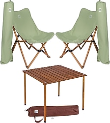 Bag The Joy 70x70 cm 2 Kişilik Mint Yeşili Ahşap Kamp Masa Sandalye Takımı