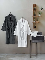 Cotton Box Masculine Beyaz-Antrasit Aile Bornoz Seti