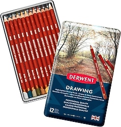 Derwent Drawing Metal Kutu 12'li Yağlı Eskiz Kalem Seti