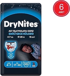 DryNites Emici Gece Külodu Erkek 4-7 Yaş 17-30 kg 10'lu 6 Adet Hasta Bezi