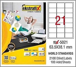 Ekstrafix FIX-5021 63.5x38.1 mm 21'li 100 Sayfa A4 Lazer Etiket