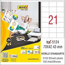 Ekstrafix FIX-5124 70x42.43 mm 21'li 100 Sayfa A4 Lazer Etiket