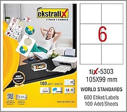 Ekstrafix FIX-5303 105x99 mm 6'lı 100 Sayfa A4 Lazer Etiket
