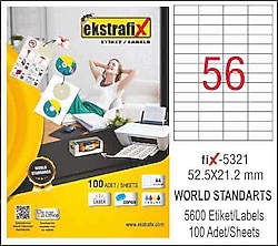 Ekstrafix FIX-5321 52.5x21.2 mm 56'lı 100 Sayfa A4 Lazer Etiket