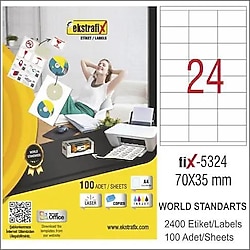 Ekstrafix FIX-5324 70x35 mm 24'lü 100 Sayfa A4 Lazer Etiket