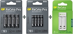 GP E211 USB Pil Şarj Cihazı + Recyko Pro 2000 mAh 4'lü Şarjlı AA + 800 mAh 4'lü Şarjlı AAA Pil