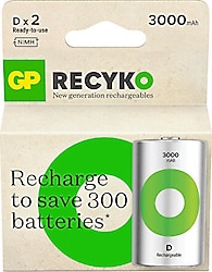 GP Recyko 3000 mAh 1.2 V 2'li Büyük D Boy Şarjlı Pil