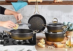 Kahramanlar Fiesta Gold Black 7 Parça Granit Tencere Seti