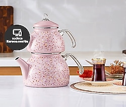 Karaca Terazzo Pembe Emaye Çaydanlık Takımı