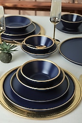 Keramika Gold Fileli Mat Lacivert 24 Parça 6 Kişilik Yemek Takımı