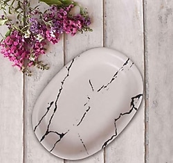 Keramika Hitit Mermer Desen Mat 25 cm Kayık Tabak Beyaz