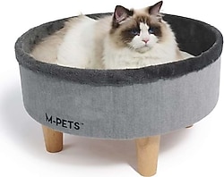 M-Pets Round Elevated 47x47x26 cm Ahşap Ayaklı Gri Kedi Yatağı