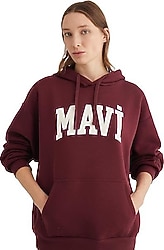 Mavi Logo Baskılı 1600361-85493 Kapüşonlu Bordo Kadın Sweatshirt