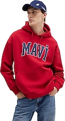 Mavi Logo Baskılı 067149-70464 Kapüşonlu Kırmızı Erkek Oversize Sweatshirt