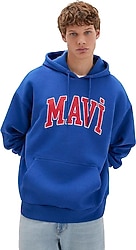 Mavi Logo Baskılı 067149-70907 Kapüşonlu Mavi Erkek Oversize Sweatshirt