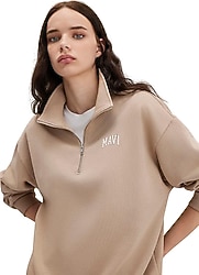 Mavi Logo Baskılı 1S10179-70344 Yarım Fermuarlı Bej Kadın Oversize Sweatshirt