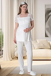 Mecit 6010 Dantelli Ekru Hamile ve Lohusa Pijama Takımı