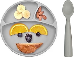 OİOİ Gri Vakum Tabanlı Silikon Tabak ve Kaşık Set