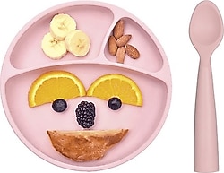 OİOİ Pembe Vakum Tabanlı Silikon Tabak ve Kaşık Set