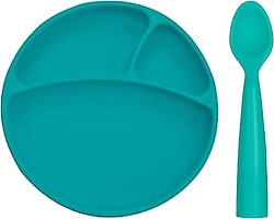OİOİ Yeşil Vakum Tabanlı Silikon Tabak ve Kaşık Set