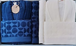 Özdilek Circular Krem Indigo Aile Bornoz Takımı