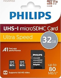 Philips FM32MP45D Class10 UHS-I U1 A1 V10 32 GB 2'li Micro SD Kart