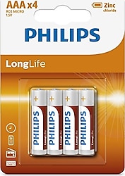 Philips R03L4B/10 Longlife 4'lü Çinko AAA İnce Kalem Pil