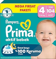 Prima Aktif 4 Numara Maxi 104'lü Bebek Bezi