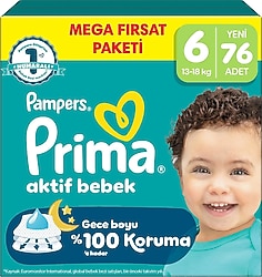 Prima Aktif 6 Numara Extra Large 76'lı Bebek Bezi