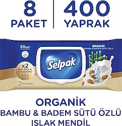 Selpak Organik Bambu ve Badem Sütü Özlü 50 Yaprak 8'li Paket Islak Mendil
