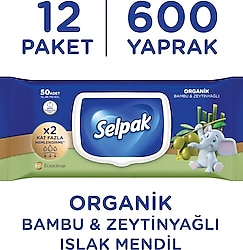 Selpak Organik Bambu ve Zeytinyağlı 50 Yaprak 12'li Paket Islak Mendil
