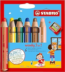 Stabilo Woody 3 in1 Karton Kutu Kalemtıraşlı 6'lı Kuru Boya Seti