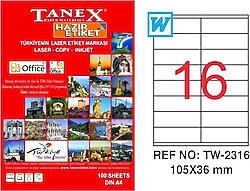 Tanex TW-2316 105x36 mm 100 Sayfa Lazer Etiket