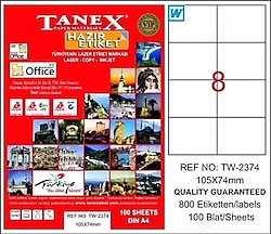 Tanex TW-2374 105x74 mm 8'li 100 Sayfa Lazer Etiket