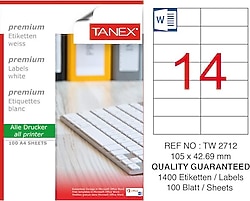 Tanex TW-2712 105x42.69 mm 14'lü 100 Sayfa Lazer Etiket