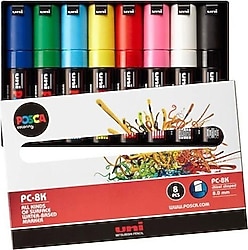 Uni-Ball Posca PC-8K 8 mm Kesik Uç Ana Renk 8'li Marker Kalem Seti