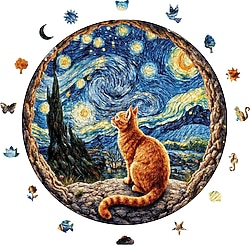 WePuzzleUp Yıldızlı Gecenin Altındaki Kedi 252 Parça Ahşap Puzzle