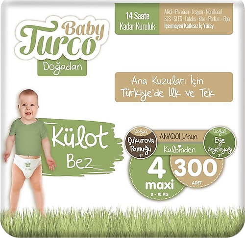 Baby Turco Doğadan 4 Numara Maxi 300'lü Külot Bez