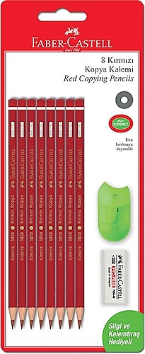 Faber-Castell 8'li Kırmızı Kopya Kalemi + Silgi + Kalemtraş Seti