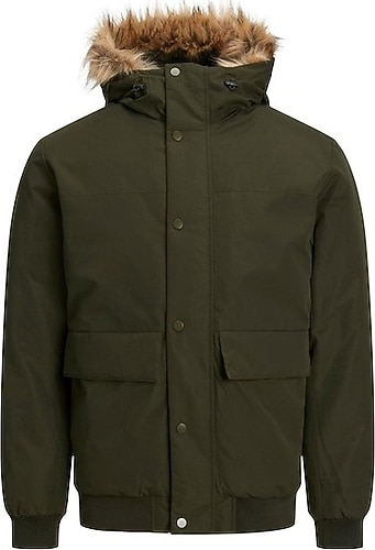 Jack&Jones Champ 12236822 Kapüşonlu Kürklü Haki Erkek Mont