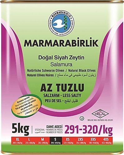 Marmarabirlik S 291-320 Kalibre 5 kg Az Tuzlu Salamura Siyah Zeytin