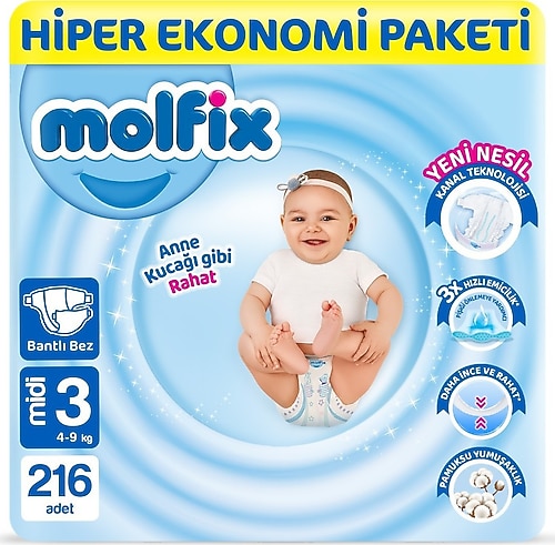 Molfix 3 Numara Midi 216'lı Bebek Bezi Fiyatları, Özellikleri ve