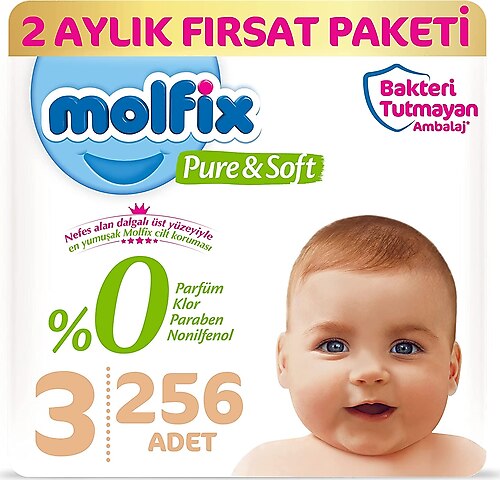 Molfix Pure&Soft 3 Beden Midi 256'lı Aylık Fırsat Paketi Bebek Bezi