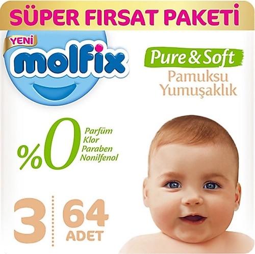Molfix Pure&Soft 3 Beden Midi 64'lü Süper Fırsat Paketi Bebek Bezi