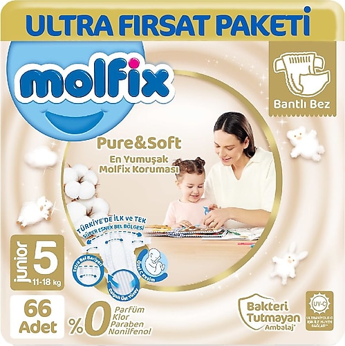 Molfix Pure&Soft 5 Beden Junior 66'lı Bebek Bezi