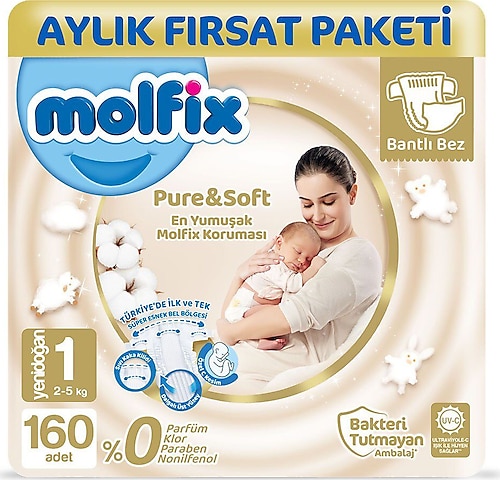 Molfix Pure&Soft Yenidoğan 1 Numara 160'lı Bebek Bezi
