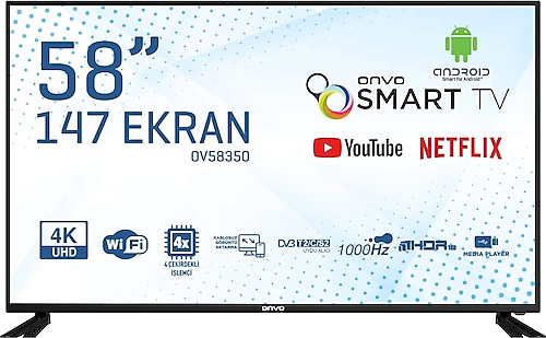 Onvo OV58350 4K Ultra HD 58" 147 Ekran Uydu Alıcılı Android Smart LED TV
