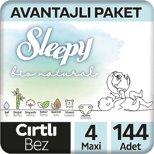 Sleepy Bio Natural 4 Numara Maxi 144'lü Bebek Bezi