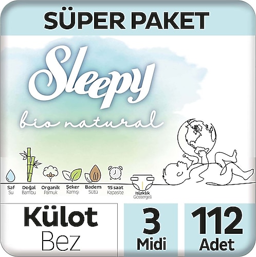 Sleepy Bio Natural 3 Numara Midi 112'li Külot Bez